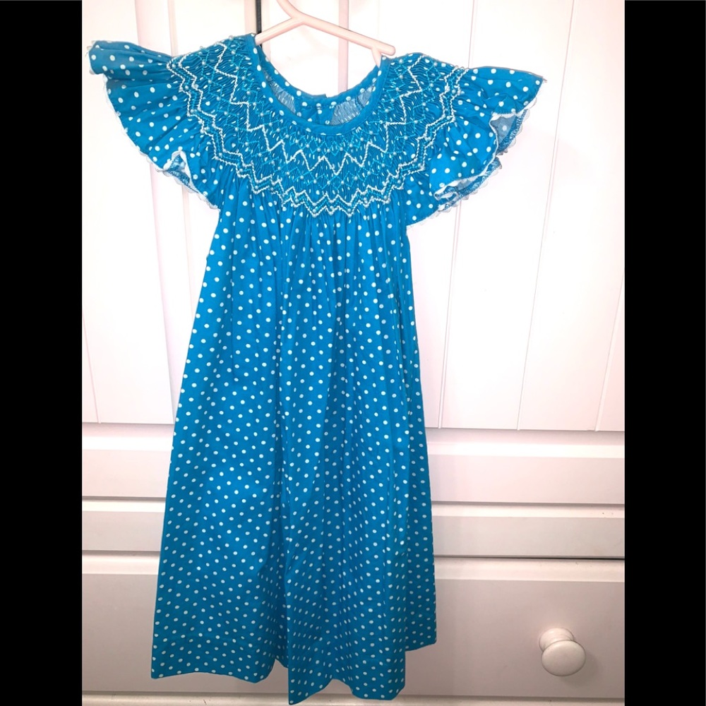 Blue and white polka dot dress with pearl smocked collar. 18 month.